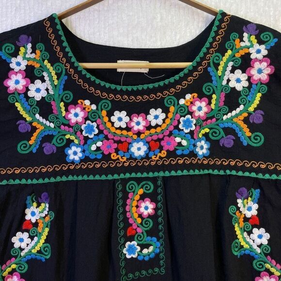 YZXDORWJ Black Embroidered Floral Boho Peasant Blouse Large - Picture 2 of 7